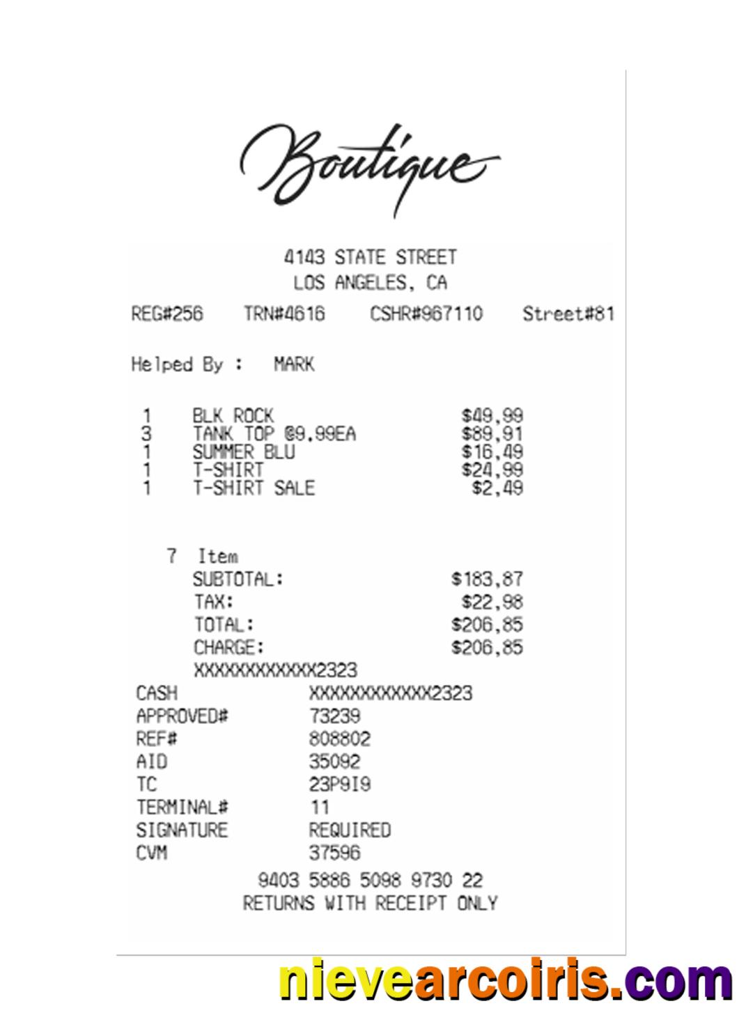 BOUTIQUE payment receipt